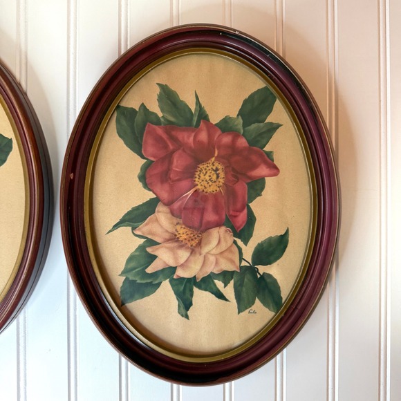 1950s Vintage Oval Floral Prints Signed Eula, Cottagecore Wall Art Set - Picture 2 of 8